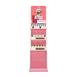 Customized cosmetics and beauty product display wooden MDF display stand with logo pink theme