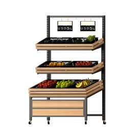 Chain store supermarket storage basket shelf design wooden metal frame painted fruit and vegetable rack