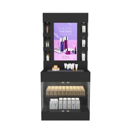 Custom manufacturer perfume showcase display design metal frame wood black retail cosmetic shelves for shops
