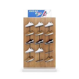 Custom sports footwear brand store white wood logo stand double side shoes display rack for shop hanging