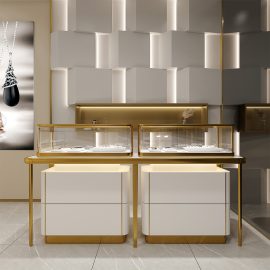 Yiree USA luxury jewelry store interior design, metal frame glass black gold jewelry display cabinet showcase